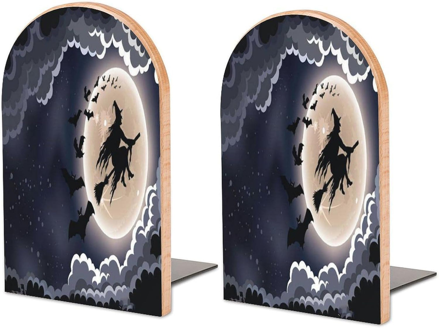 Halloween Flying Witch Wooden Bookend Non-Slip Book Ends Heavy Duty Book Stopper with Metal Base Books Holderd Decorative Bookends Stands Firmly for Office Supplies