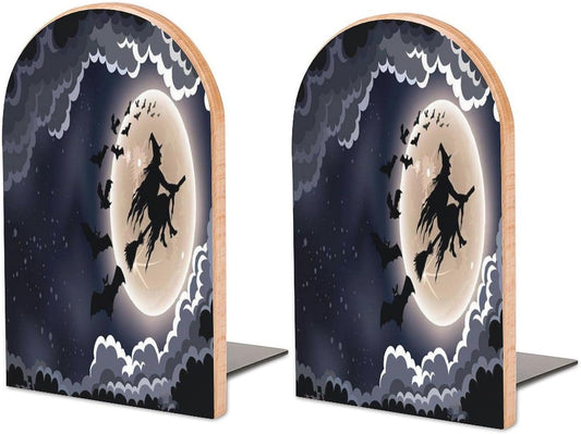 Halloween Flying Witch Wooden Bookend Non-Slip Book Ends Heavy Duty Book Stopper with Metal Base Books Holderd Decorative Bookends Stands Firmly for Office Supplies
