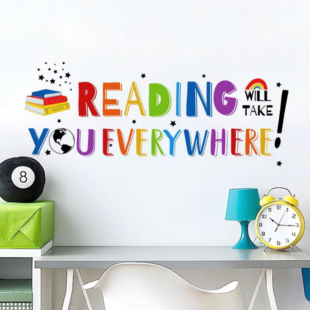 Inspirational Quote Wall Decal Sticker, Motivational Phrase Decoration Classroom Bedroom Playroom Art, Study Room Library Wall Sticker Decor, Reading Will Take You Everywhere