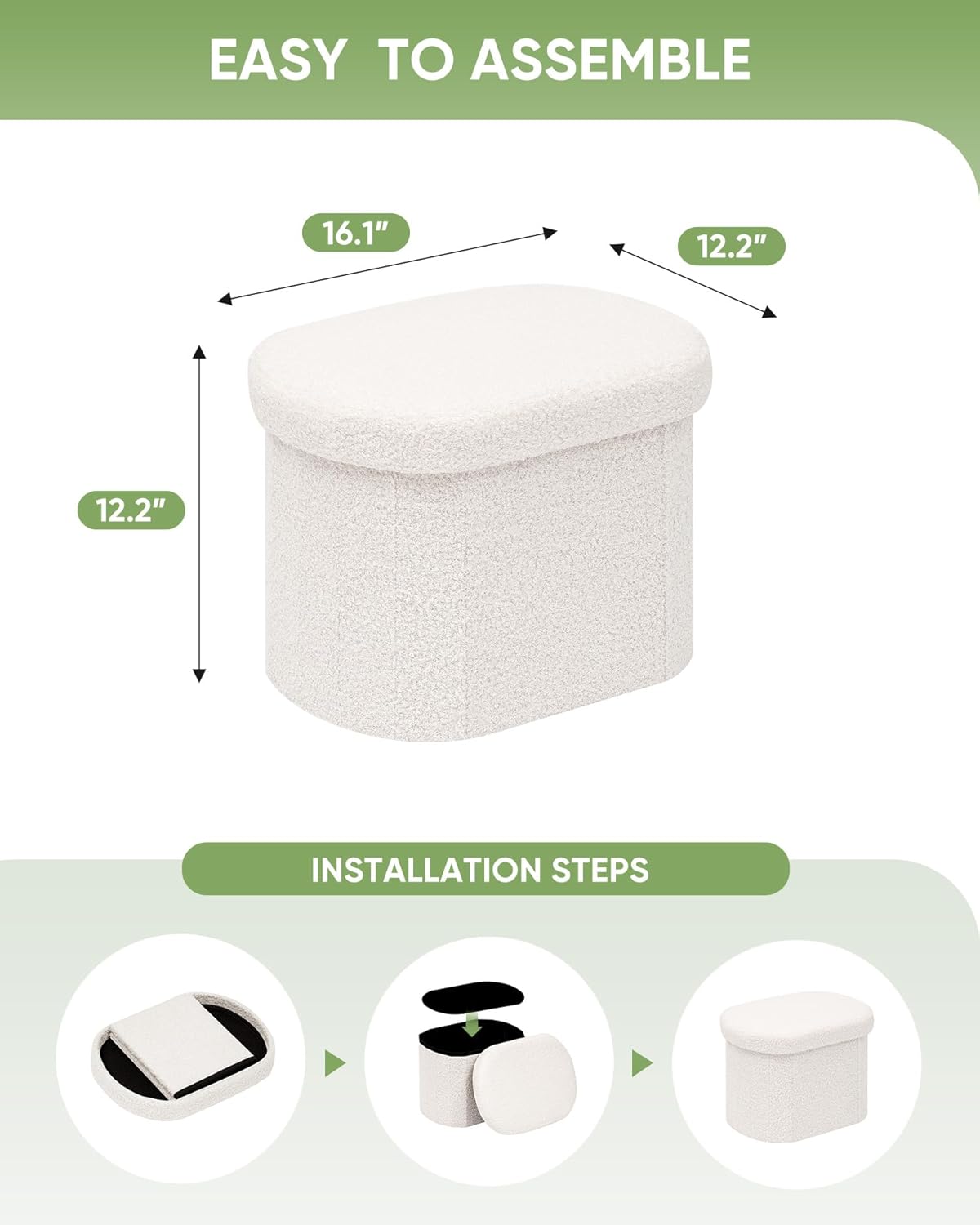 B FSOBEIIALEO Storage Ottoman for Dorm Room, Boucle Folding Storage Ottoman Foot Rest, 16.14 Inches Small Collapsible Ottoman Cube for Living Room White