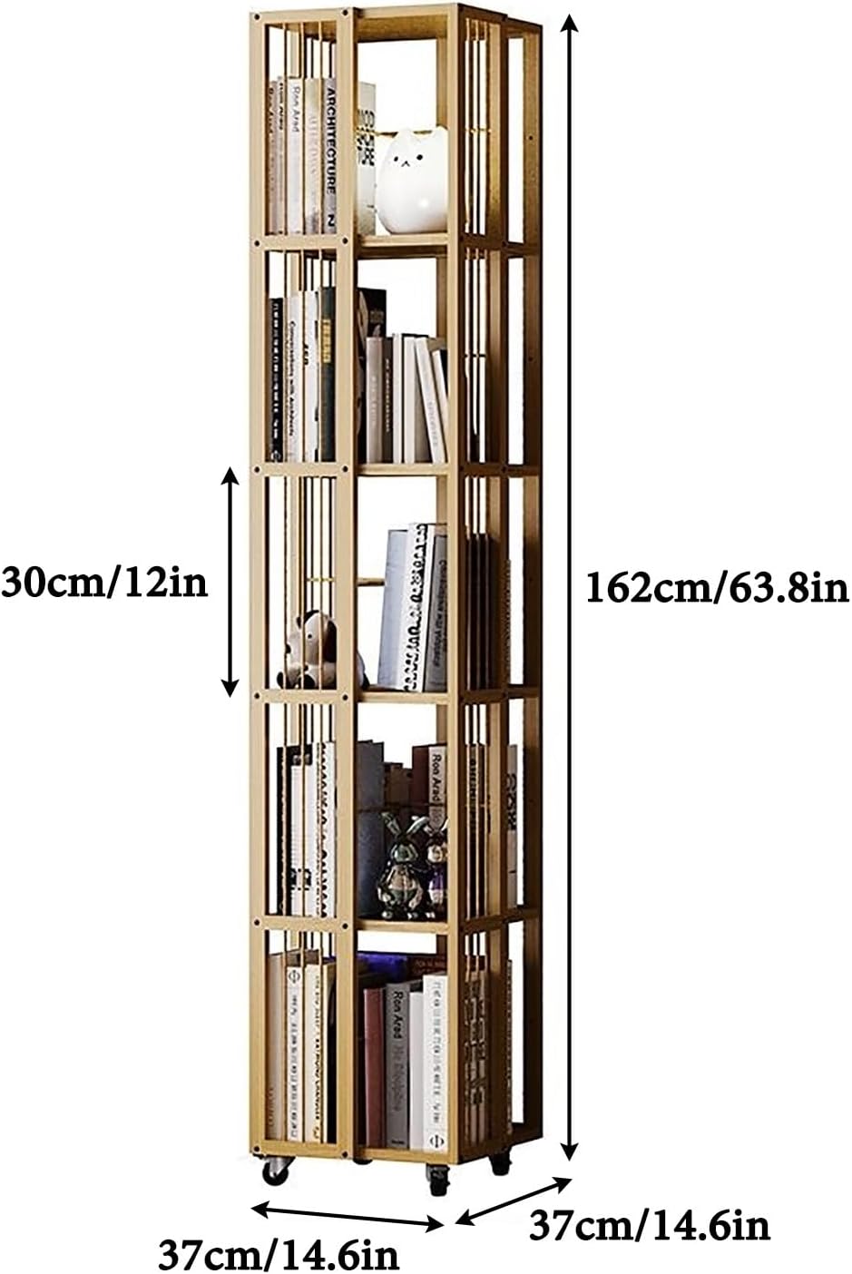 Bamboo Rotating Bookshelf With Wheels 360 Display MDF Spinning Bookshelf Tower 5 Tier Floor Standing Bookcase Storage Rack Revolving Bookcase Corner Bookshelf For Small Space Bedroom Study Room(Origin