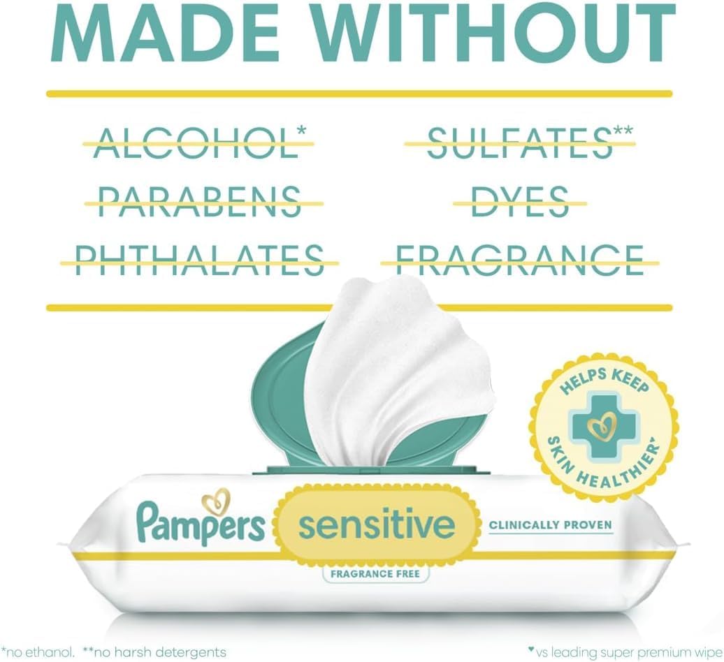 Pampers Sensitive Baby Wipes, Water Based, Hypoallergenic and Unscented, 18 Flip-Top Packs (1008 Wipes Total) [Packaging May Vary]