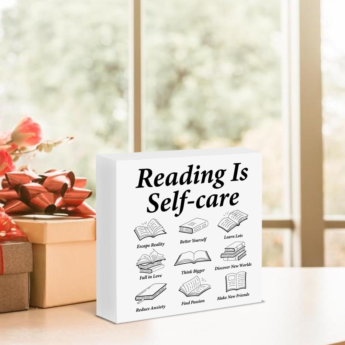 Inspirational Read Box Sign Reading Is Self Care Wood Block Sign Home Reading Nook Room Library Decor, Book Lover Bookish Gifts