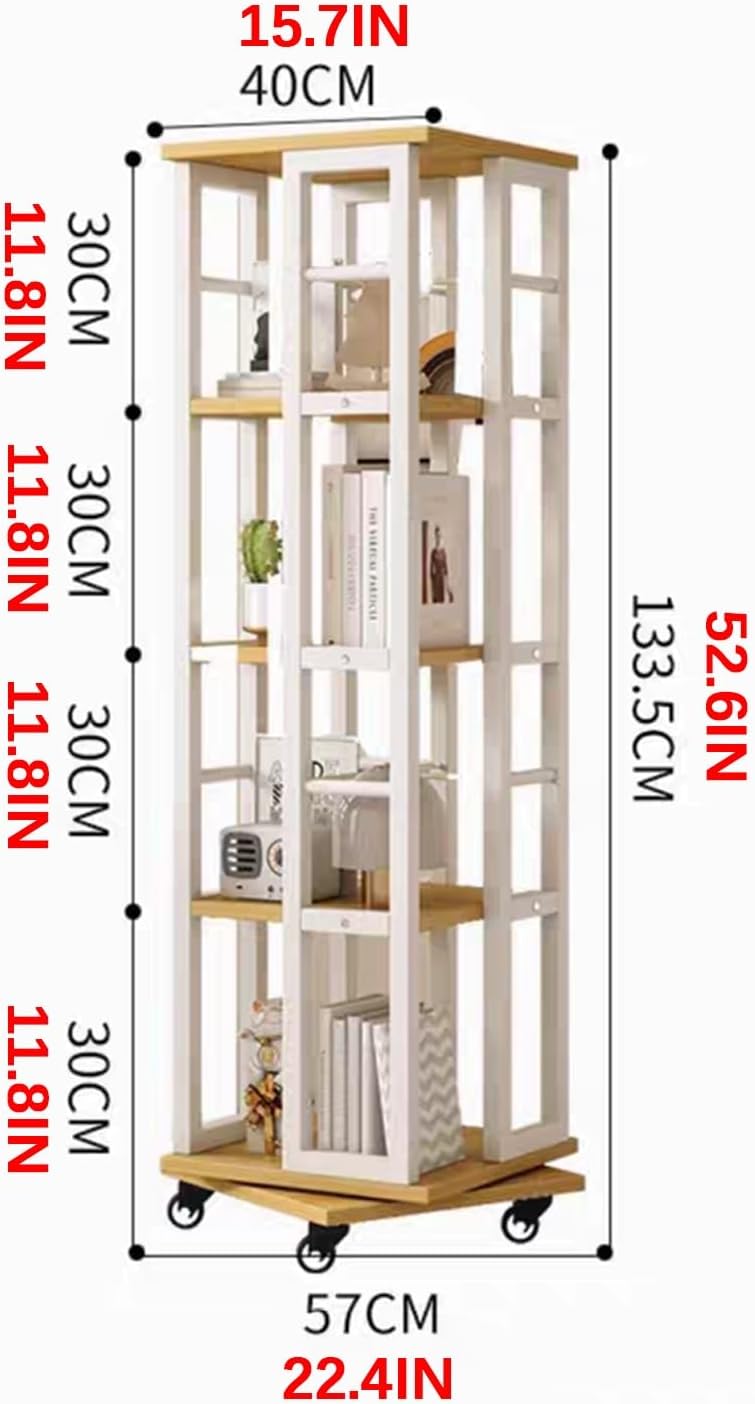 360° Rotating Bookshelf, 4 Tiers Unit Storage Display Rack with Universal Wheels, Floor Standing CD Rack, for Bedroom Living Room Home, Easy Assemble(White+Gray)