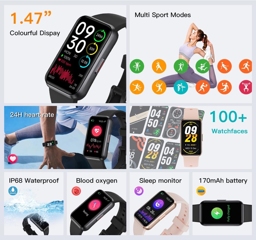 Fitness Trackers,Blood Oxygen Heart Rate Sleep Monitor,Smart Band 24/7 Health Monitoring,Calorie Pedometer Steps Counter Activity watchs/Notifications for iOS/Android