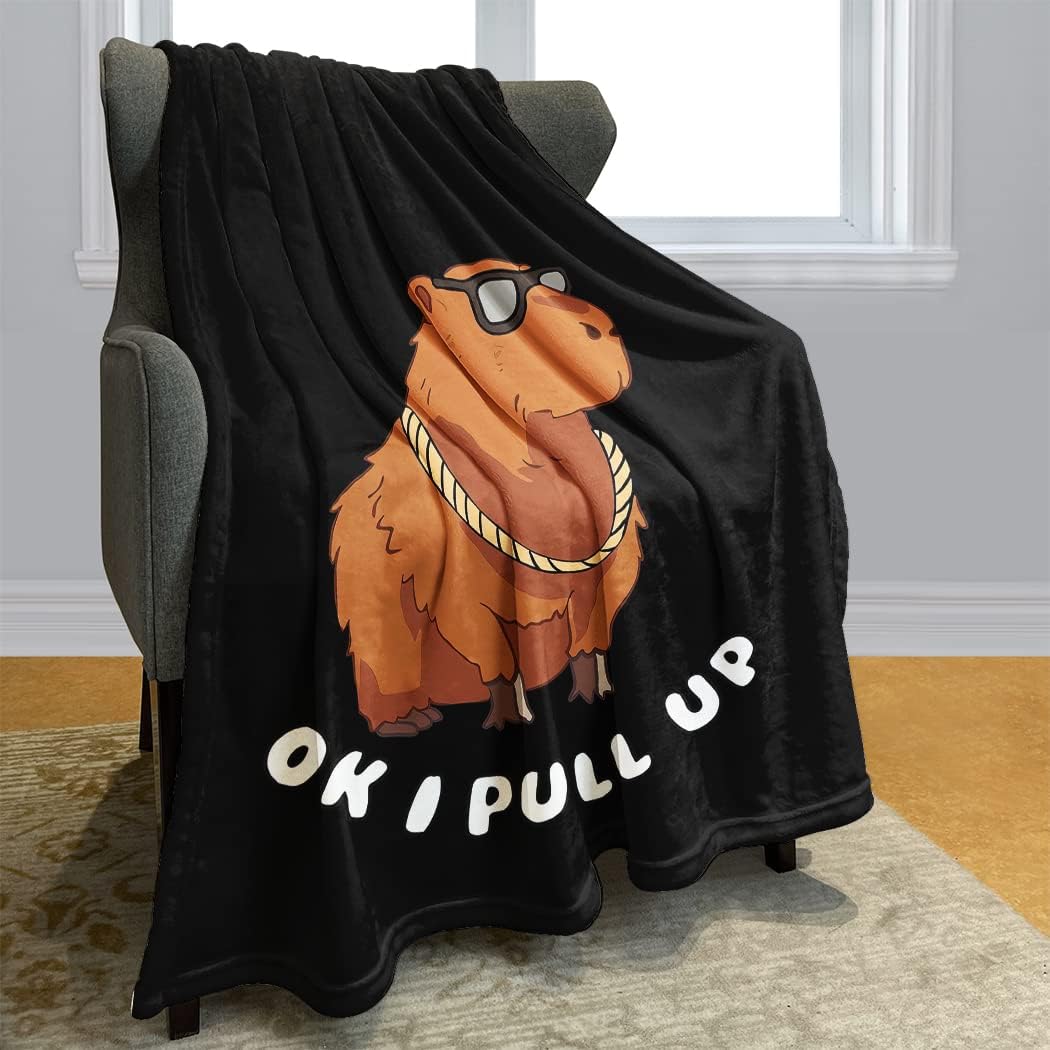 Funny Capybara Throw Blanket, OK I Pull Up Design, Sunglasses Animal Print, Gifts for Capybara Lovers, 60"x80", Black
