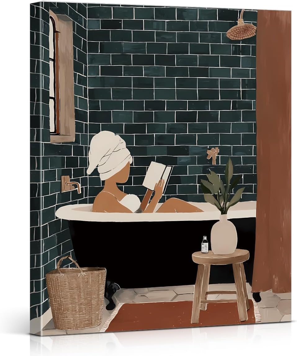 Modern Bathroom Wall Art Print Woman Reading in Bathtub Poster Artwork Wall Decor for Spa Bathroom Washroom 8x10 Canvas Framed