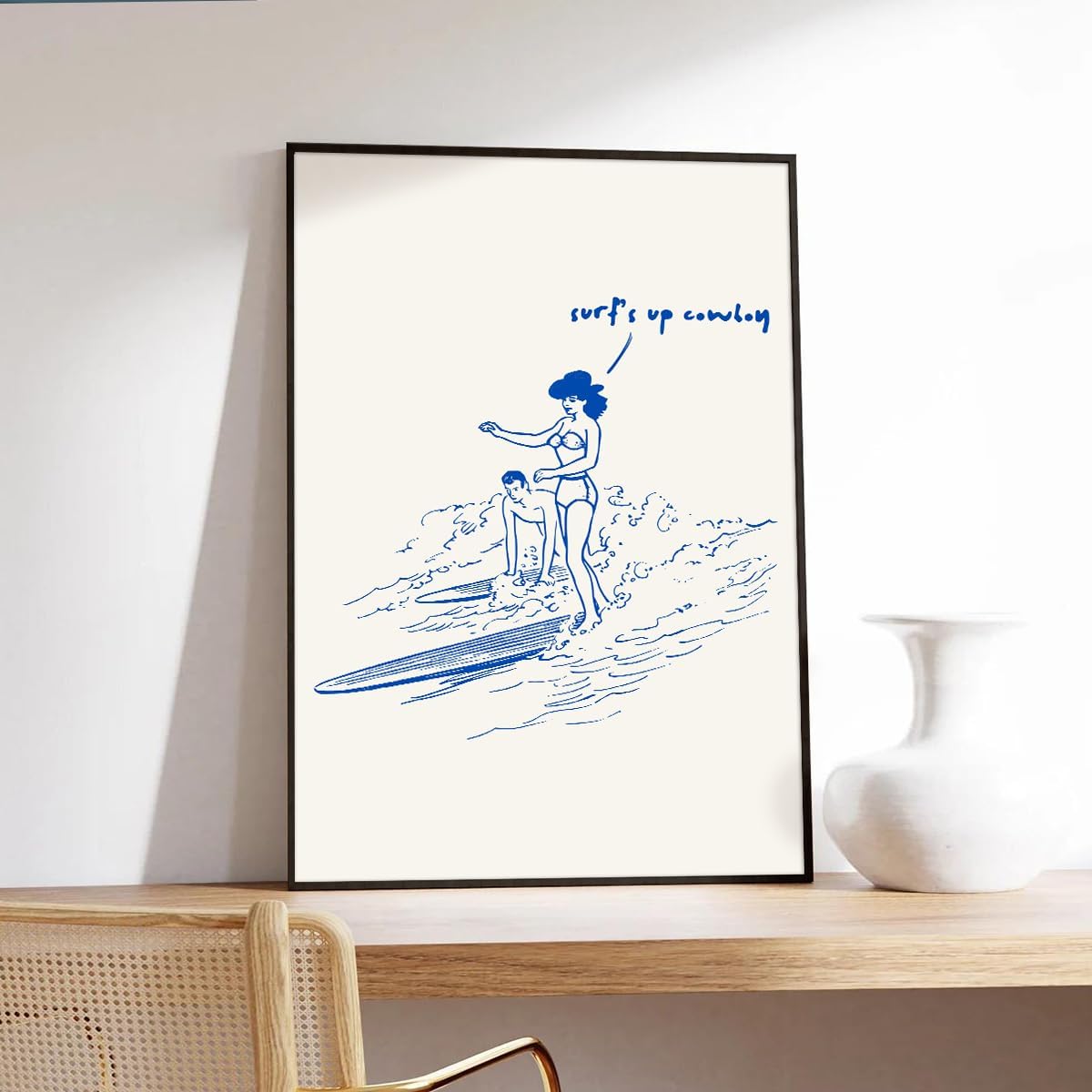XMJJQQ Surf's Up Coming Poster, Blue Summer Beach Canvas Wall Art, Coastal Cowgirl Cowboy Surfing Print, Surfboard Beachy Room Aesthetic Poster, Cool Minimalist Picture for Bedroom 8x12in Unframed
