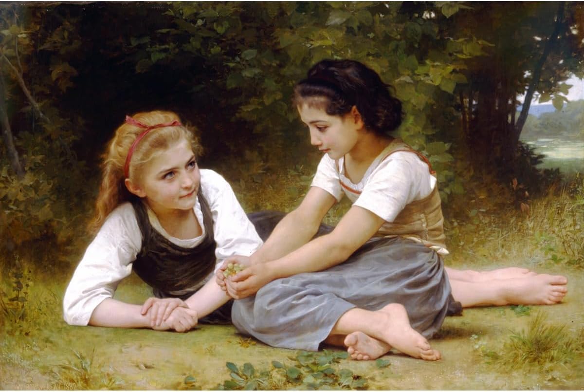 Rolled Canvas Wall Art Print - William-Adolphe Bouguereau The Nut Gatherers - 32x24 Inch | 19th Century Academic Realism Figurative Painting for Bedroom Suite, Study Wall, Reading Room & Classical Gallery Space