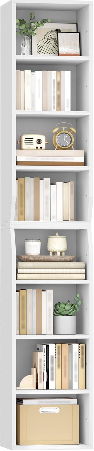Bookcase, Narrow Tall Bookshelf, 8-Tier Skinny Shelf, Tall Cube Storage Organizer with Adjustable Shelves, CD Shelf, Display Bookshelf for Living Room, Home Office, Bedroom, White BC99803X