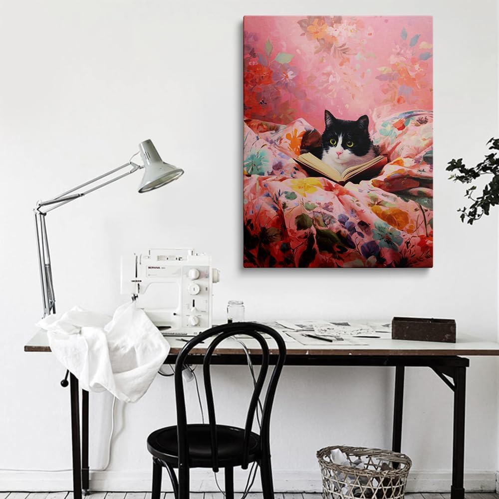 Funny Cat Reading Book with Green Eyes Canvas Wall Art Framed Whimsical Animal Painting Prints Posters Artwork for Girls Room Wall Decor Pink Aesthetic Cute Cat Lover Gift 12x16 Inches