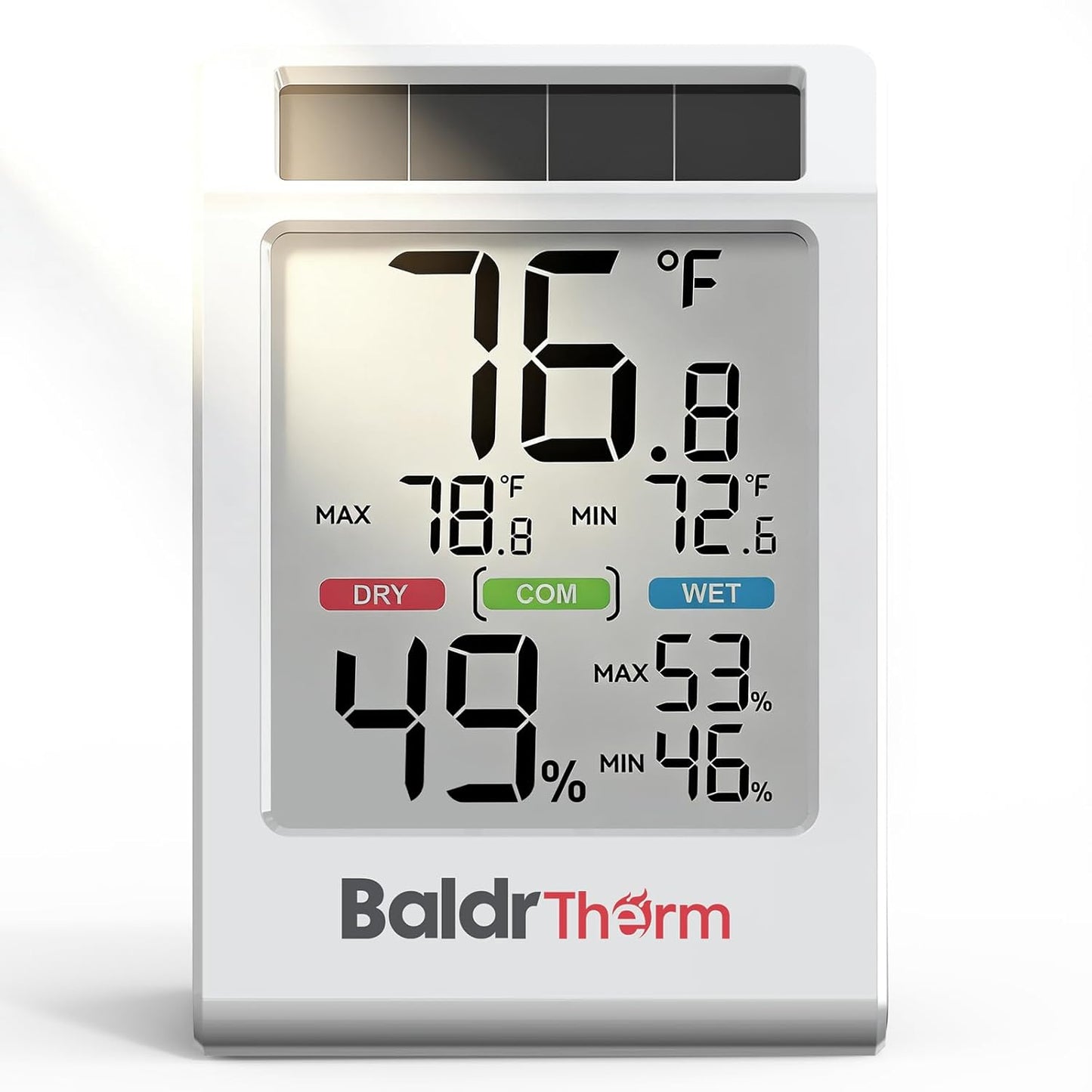 BALDR Indoor Thermometer Hygrometer, Solar Power with Battery Backup, Large Display, Daily Max/Min & Comfort Indicator Humidity Meter (White)
