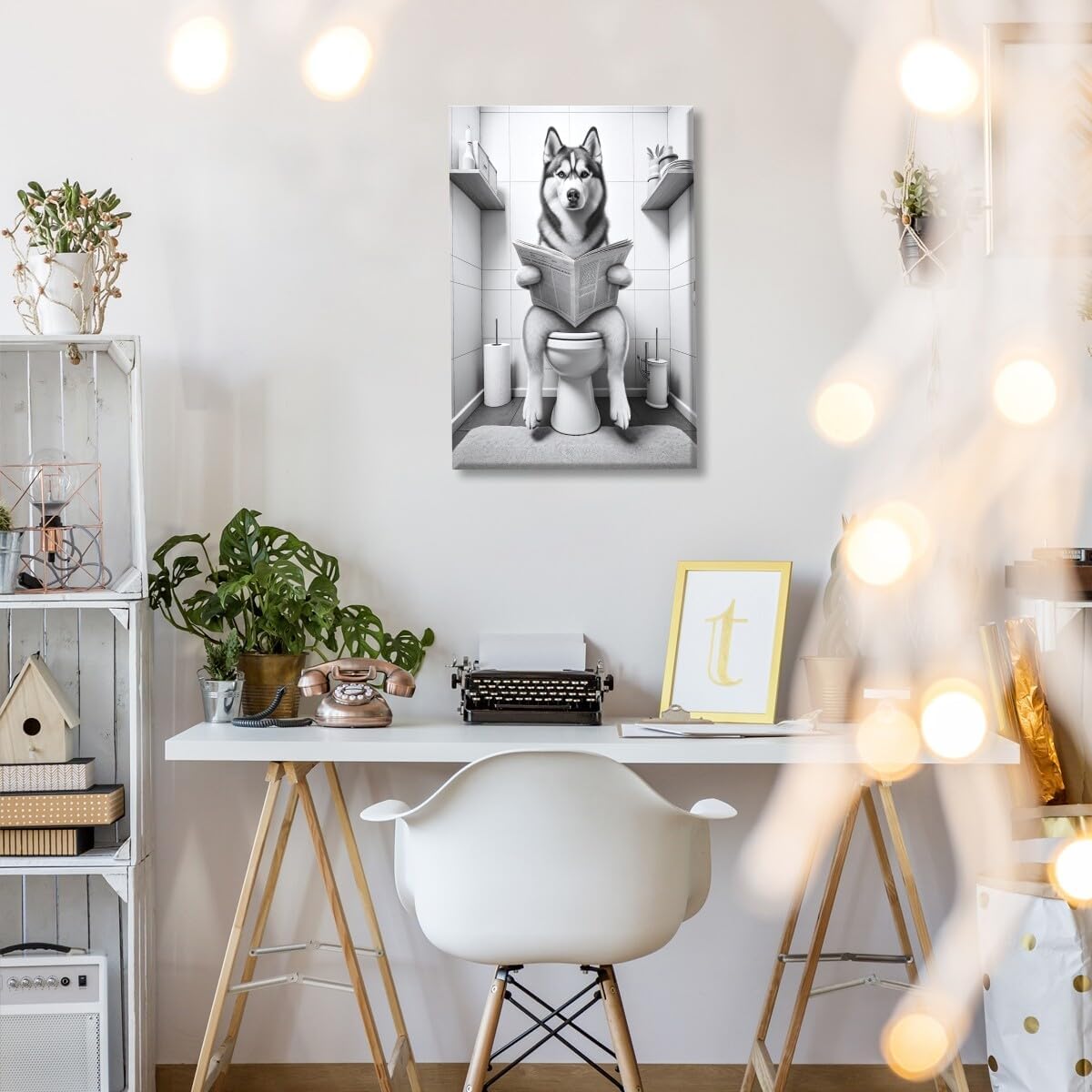 Siberian Husky on the Toilet Reading Newspaper Canvas Print Funny Animal Artwork Prints Aesthetic Posters Home Decor Bathroom Art Wall Decor Unframed12x18inch