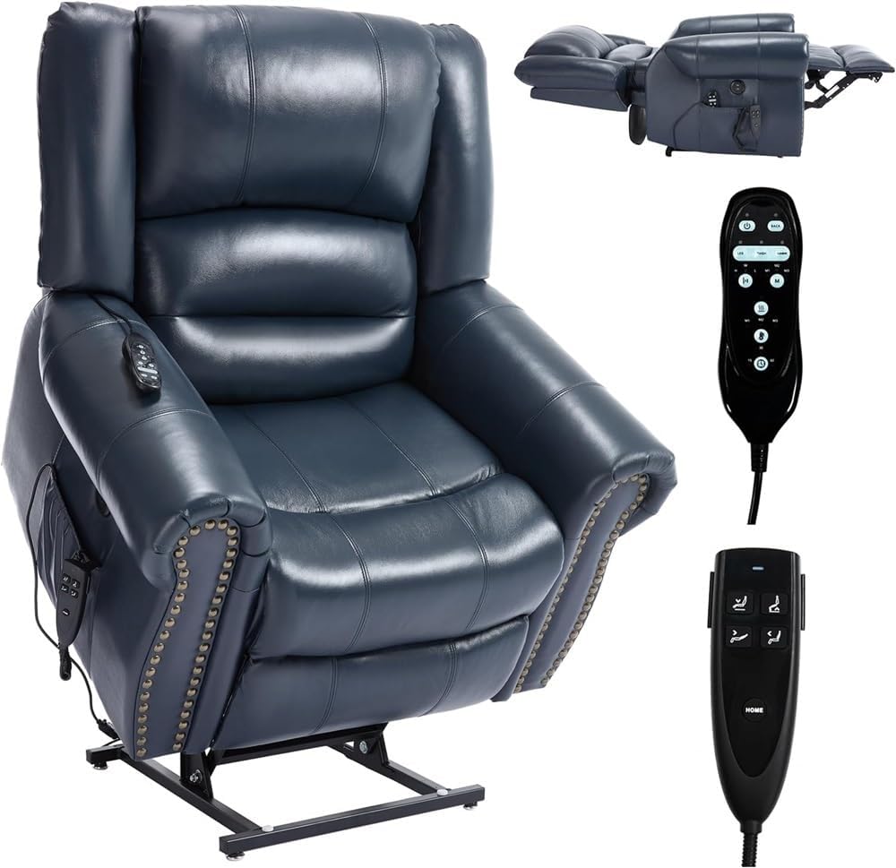 Dual Motor Power Lift Recliner with Heat Massage and Lay Flat Infinite Position Electric Chair Leather Adjustable Standing Assistance Blue Reclining Sofa for Elderly