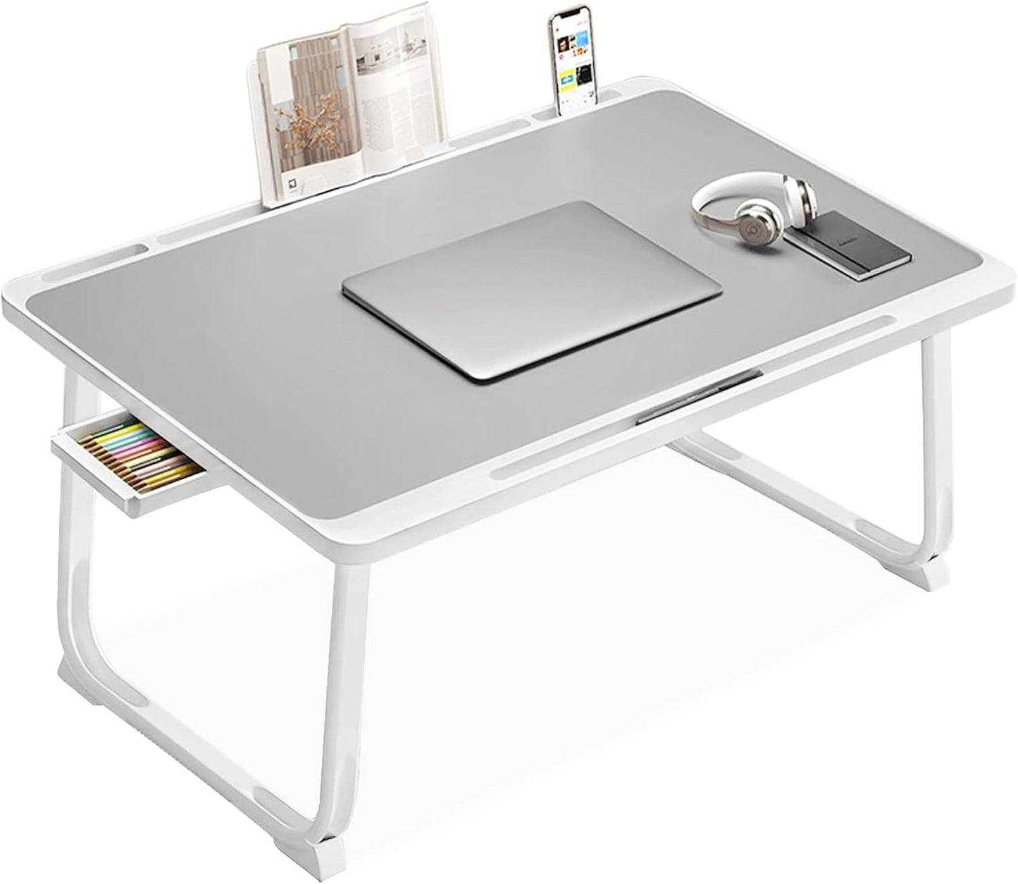 Laptop Desk for Bed, Laptop Bed Tray Table, Foldable Lap Tablet Table with Storage Drawer and Bookstand, Lap Desks Bed Trays for Sofa Couch Floor (Grey)