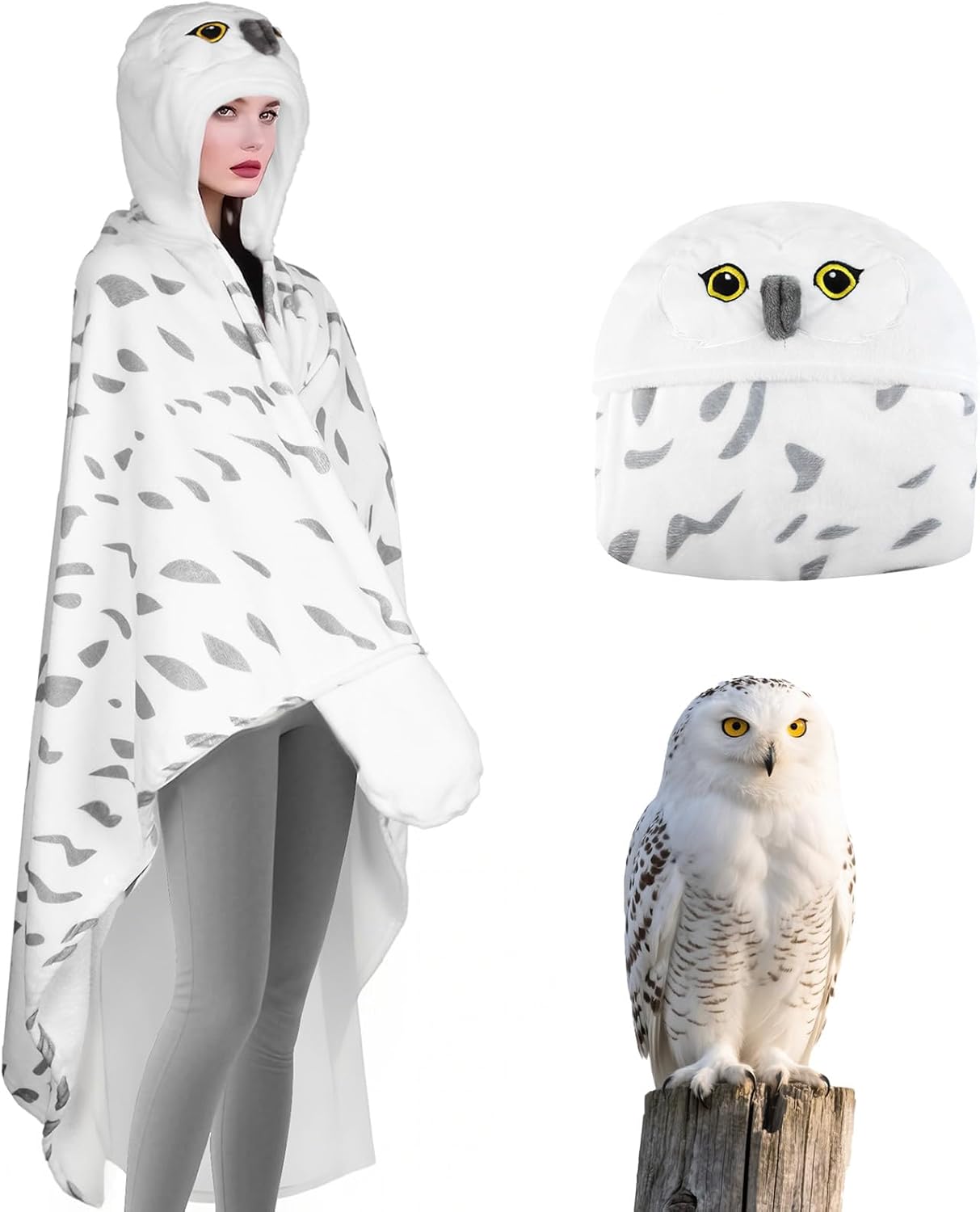 Snowy Owl Wearable Hooded Blanket Adult Gift - Cozy Blanket Hoodie Cape Throw for Women Men, Birthday Holiday Presents