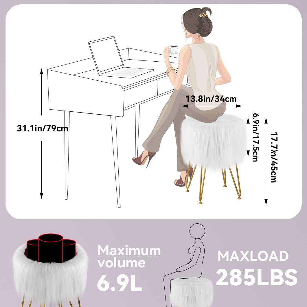 Vanity Stool Chair with Storage, Faux Fur Makeup Room Seat Stool, Soft Padded Seat, Round Footrest Footstools with 4 Metal Legs & Adjustable Footings, Vanity, Bathroom, Bedroom Chairs White