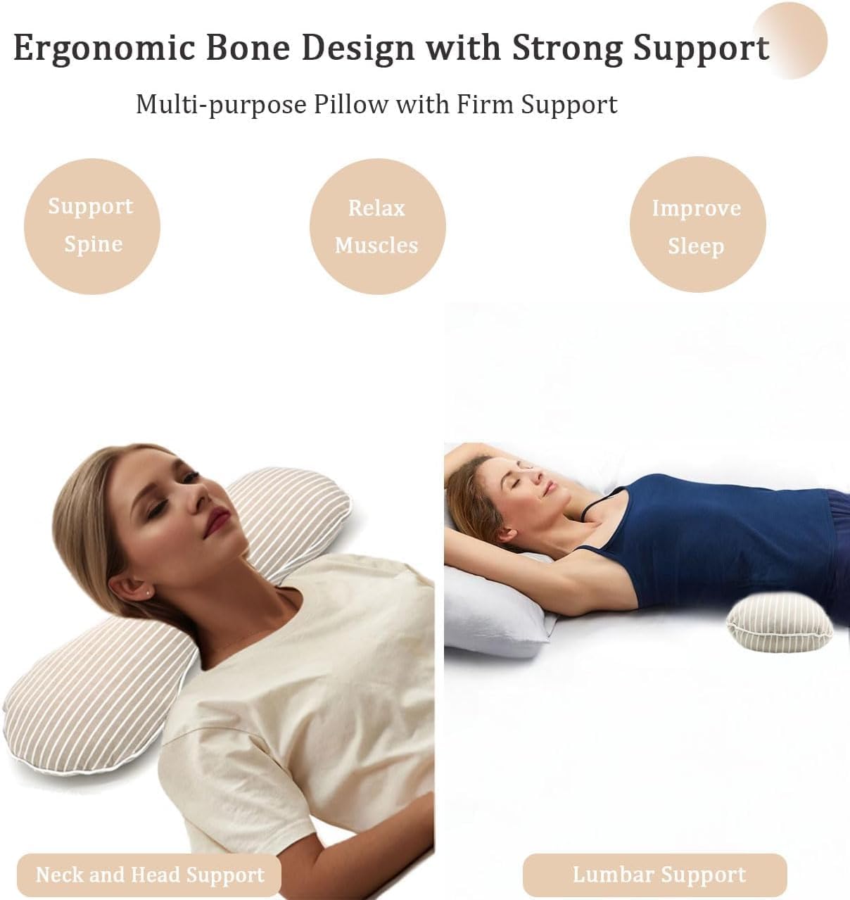 Firm Buckwheat Neck Pillow, Adjustable Height, Cervical Back Support for Neck Pain Relief, Cool Stripe Bone Shape Pillow for Recliner Sleeping, Khaki 19"X7"