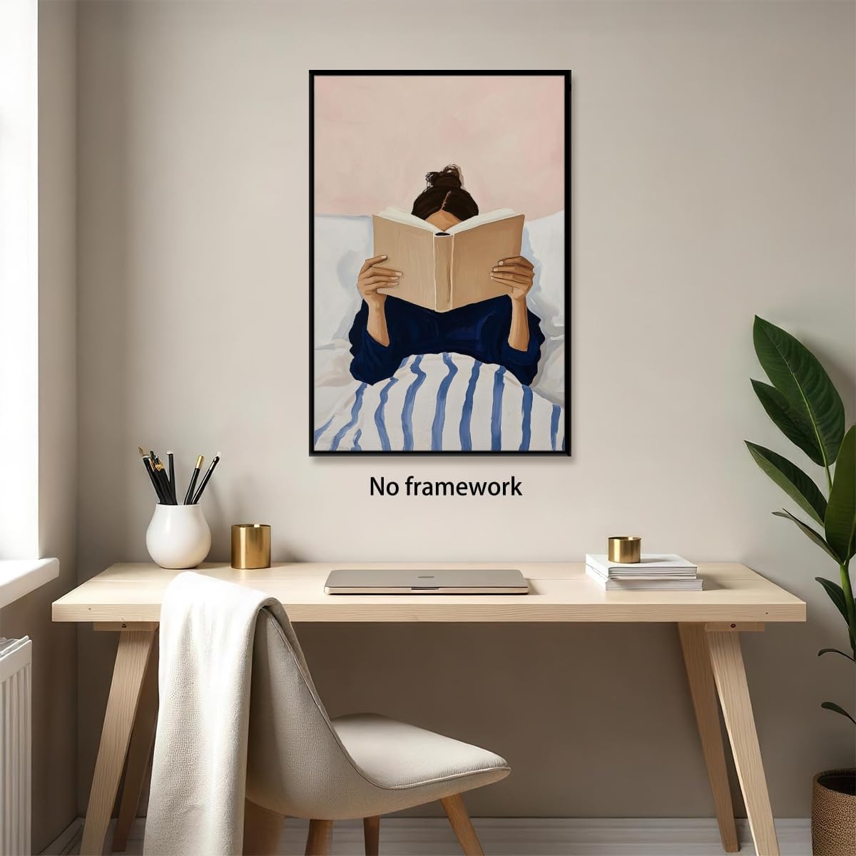 Vintage Woman Reading in Bed Poster Minimalist Book Lover Print Wall Art Reading Nook Library Living Room Girly Bedroom Decor Whimsical Retro Posters for Reader & Teens 16x24inch Unframed
