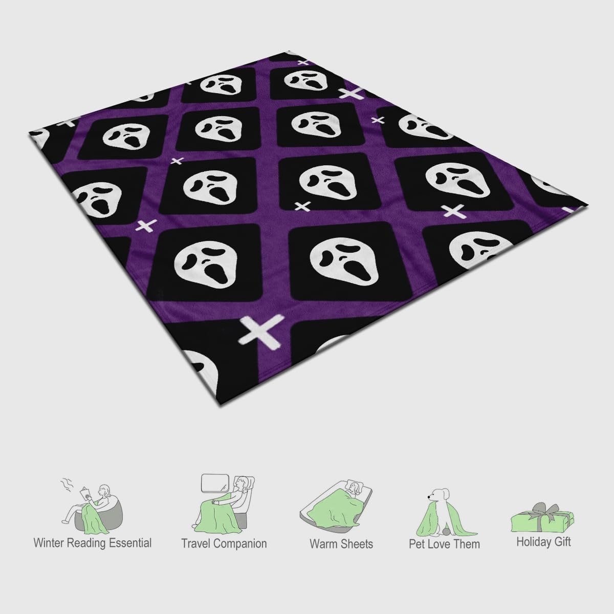 Halloween Spooky Face Blanket, Purple and Black, Soft Ghost Throw for Travel, Office, Home (80" x 60")