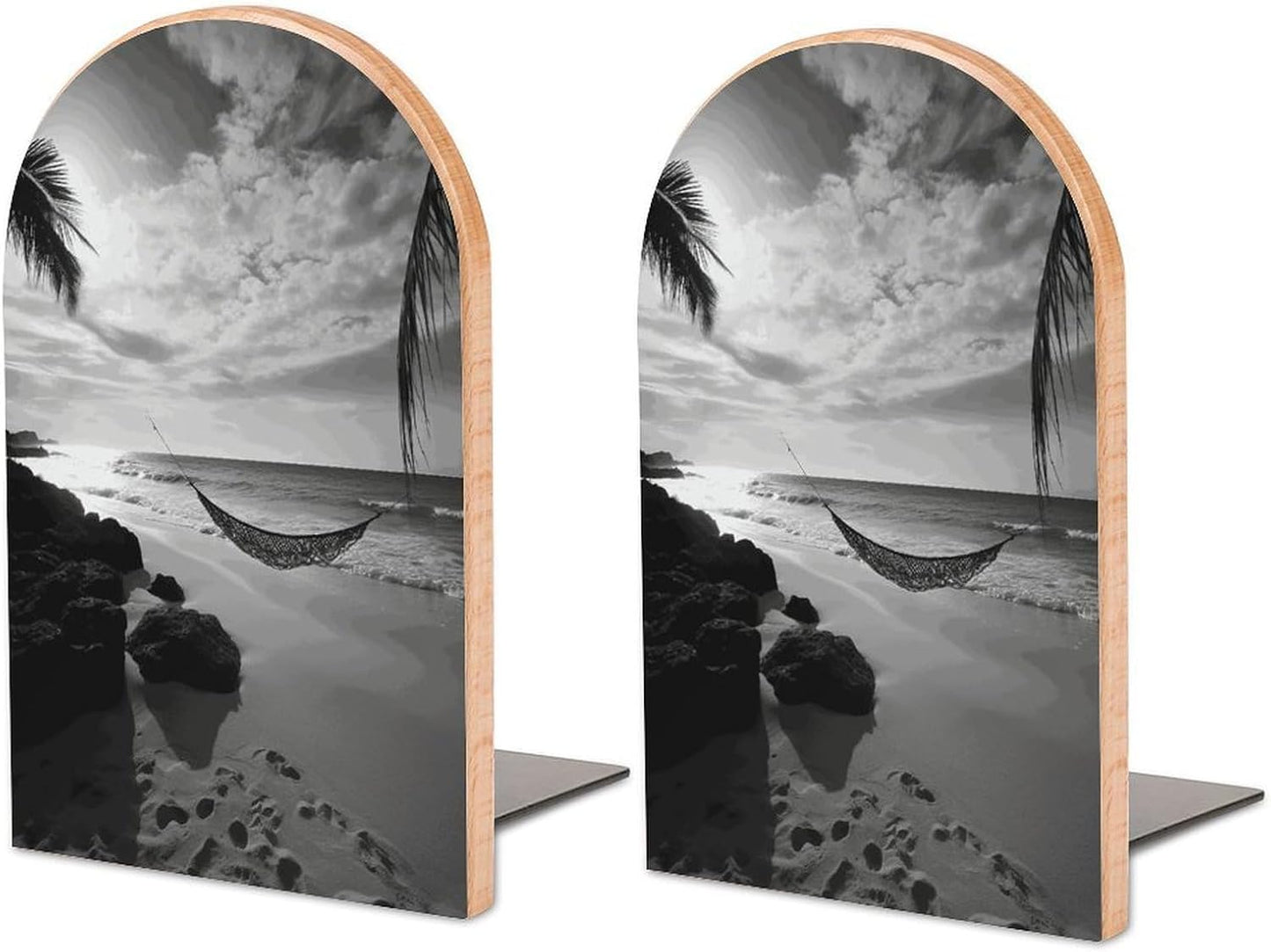 Black and White Beach Bookend for Shelves Wooden Book End Large Size Sturdy Book Holders Stoppers with Metal Base for Bookshelves Slick Decorative Bookends Stands