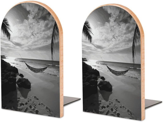 Black and White Beach Bookend for Shelves Wooden Book End Large Size Sturdy Book Holders Stoppers with Metal Base for Bookshelves Slick Decorative Bookends Stands