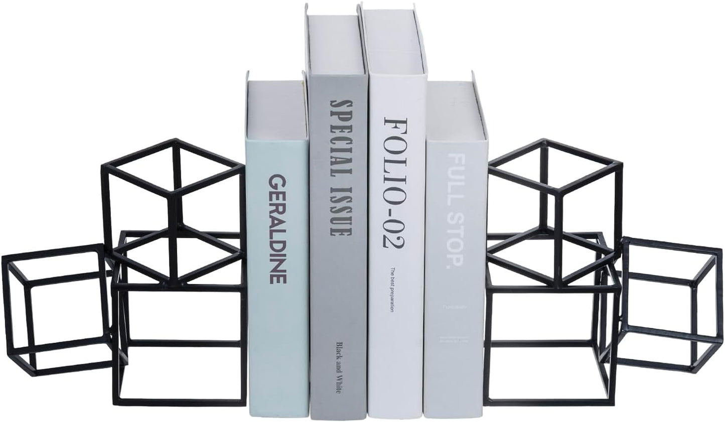 MyGift Modern Black Metal Geometric Bookends, Decorative Book Ends Stands for Home Library Bookshelf Office Desk, 1 Pair, Handcrafted in India, 3 Cube Frame Design