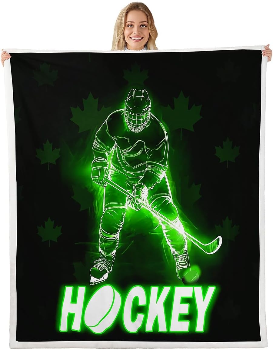 Ice Hockey Pucks Sports Blanket, 50"x60", Sherpa, Glowing Glitter Lighting, Green Black