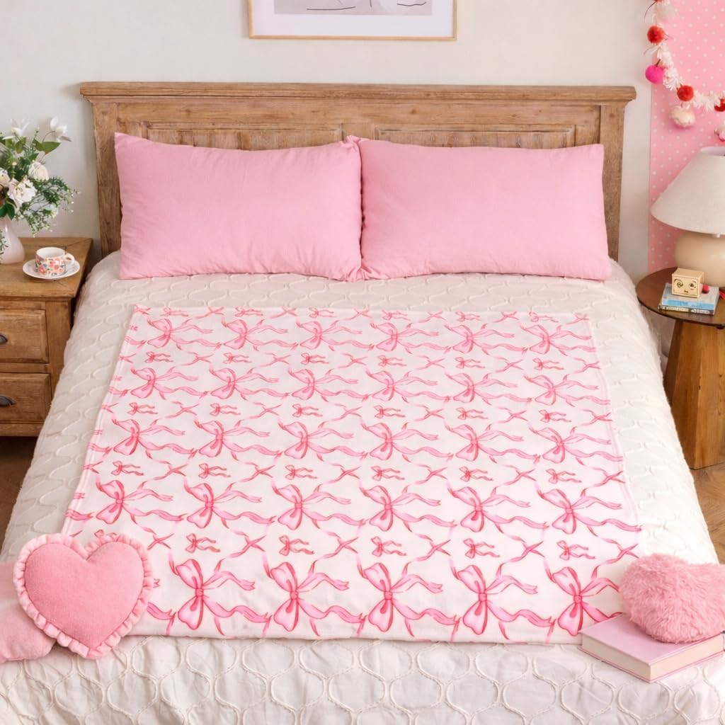 Pink Bow Throw Blanket –Easter Soft Fleece Blanket for Girls and Women, Coquette Aesthetic Room Decor for Bed, Couch, Chair, Preppy Bedroom or Gift, Cute Pink Bow Decor Blanket