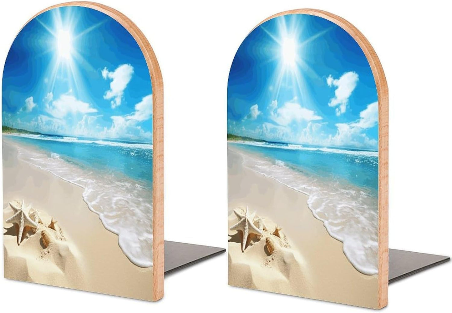 Bright Sunshine Summer Beach Bookends 1 Pair Heavy Duty Book Ends for Shelves Non-Skid Bookend Supports Wooden Book Holders with Metal Base Desk Organizers Books Storage to Hold Books