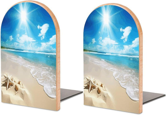 Bright Sunshine Summer Beach Bookends 1 Pair Heavy Duty Book Ends for Shelves Non-Skid Bookend Supports Wooden Book Holders with Metal Base Desk Organizers Books Storage to Hold Books