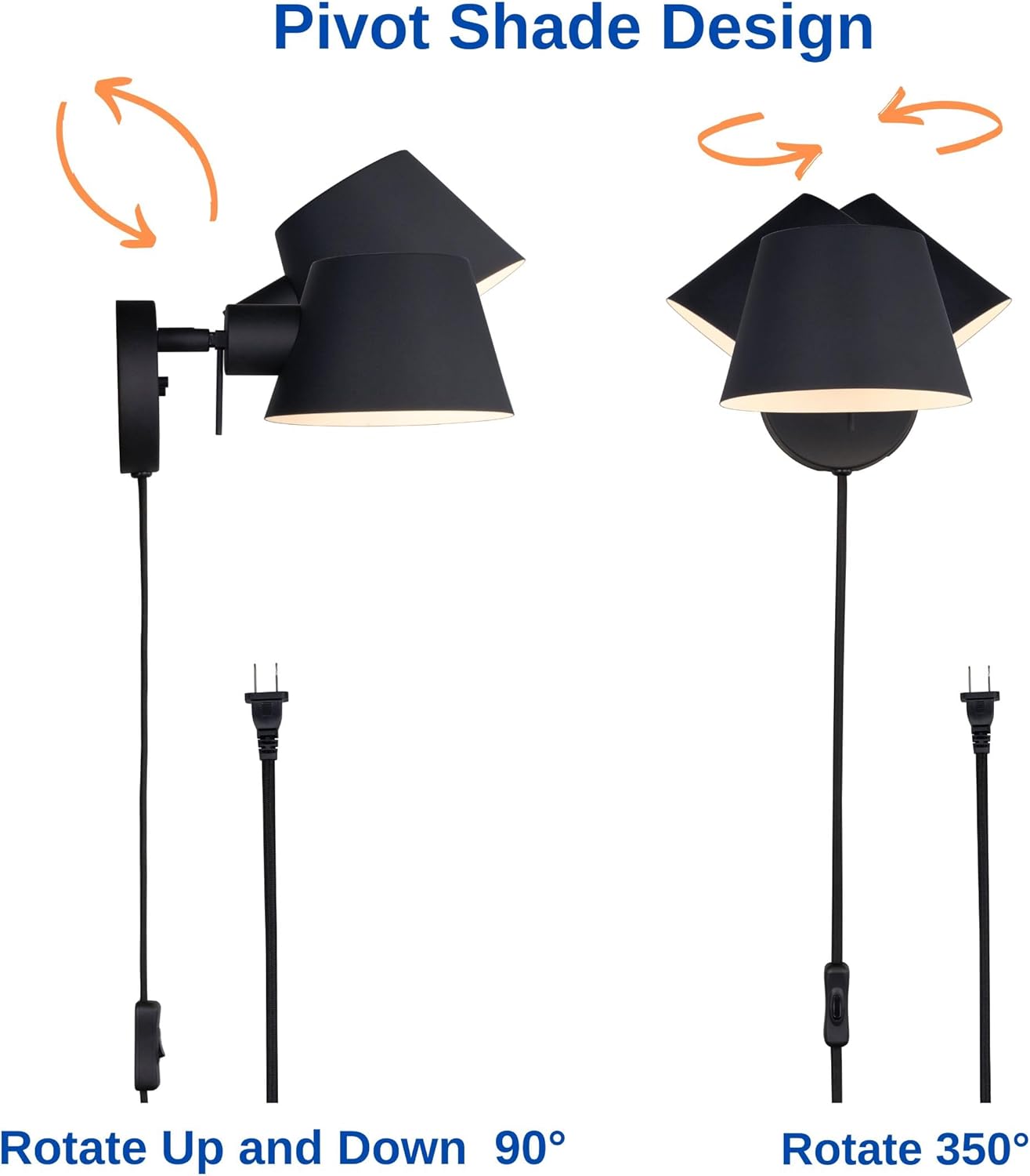 1 Light Plug in Wall Sconces Black Fabric Cord Inline On/Off Switch,Set of 2 Modern Wall Lamp Adjustable Metal Shade,Vintage E26 Reading Light for Bedroom Bedside Living Room Hallway