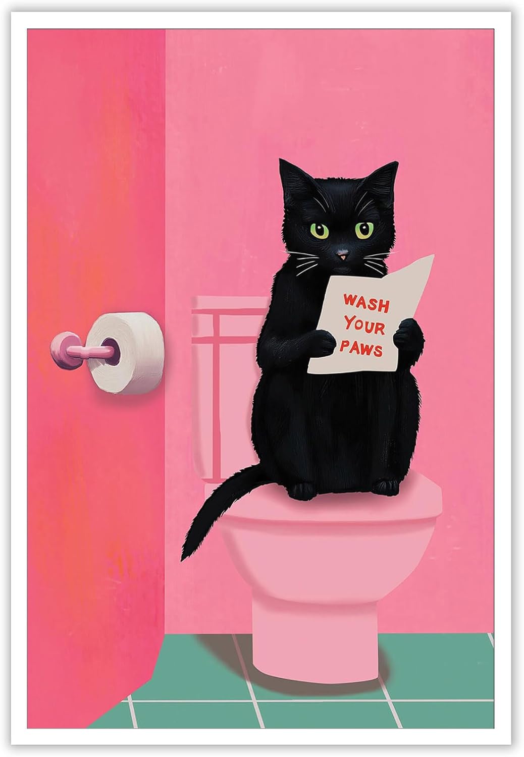 Funny Bathroom Wall Art Black Cat On Pink Toilet Reading The Newspaper Poster Cute Humorous Preppy Animal Aesthetic Prints Painting For Home Bedroom Bathroom Wall Decor 12x16in Unframed
