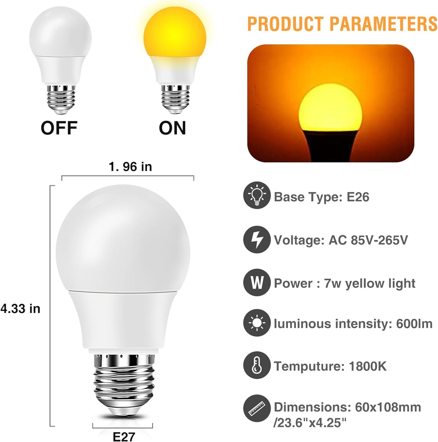 Neporal Amber Light Bulbs, 9W 60W Equivalent A19 Soft Light Bulb, Blue Light Blocking Warm Light Bulbs, 1800K Amber Night Light Bulb, Dim Bulb for Healthy Sleep and Baby Nursery Light (3)
