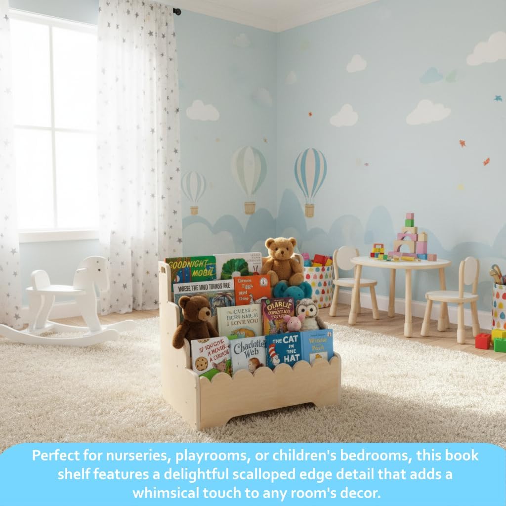 Small Wooden Bookshelf 4-Tier, Natural Pine Wood Kids Bookshelf, Scalloped Toddler Book Shelf, Baby Nursery Book Shelf, Display Front Facing Montessori Book Case for Children Room Playroom