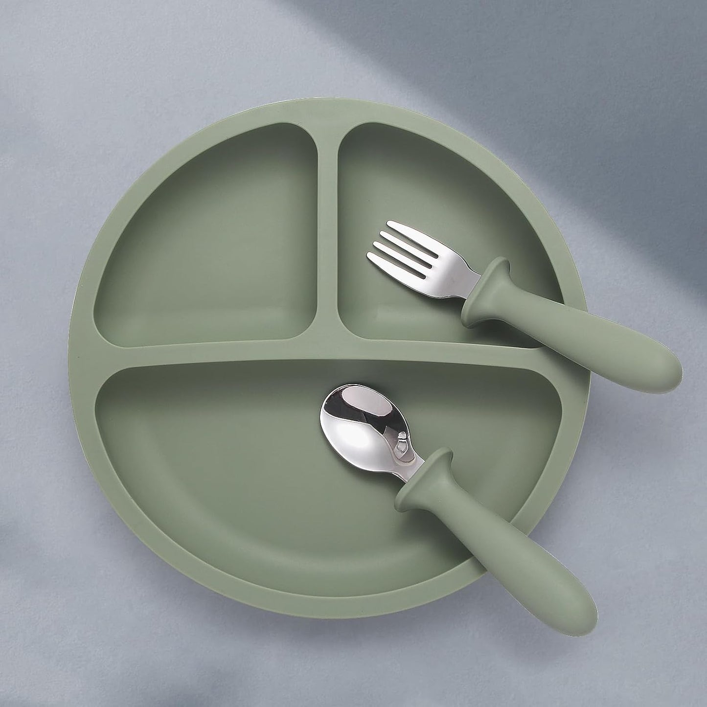 Baby Feeding Set, 2 Pack Silicone Divided Suction Plates for Baby, 2 Pack Spoons and Forks Set, BPA Free, Baby Led Weaning Supplies for Toddler Utensils