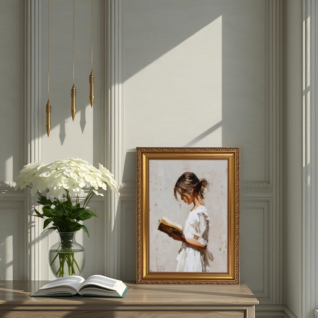 XIGBAWAN Framed Vintage Wall Art Woman Reading Portrait Victorian Gold Frame Canvas Painting Book Lover Reading Room Decor 12x16 Inch