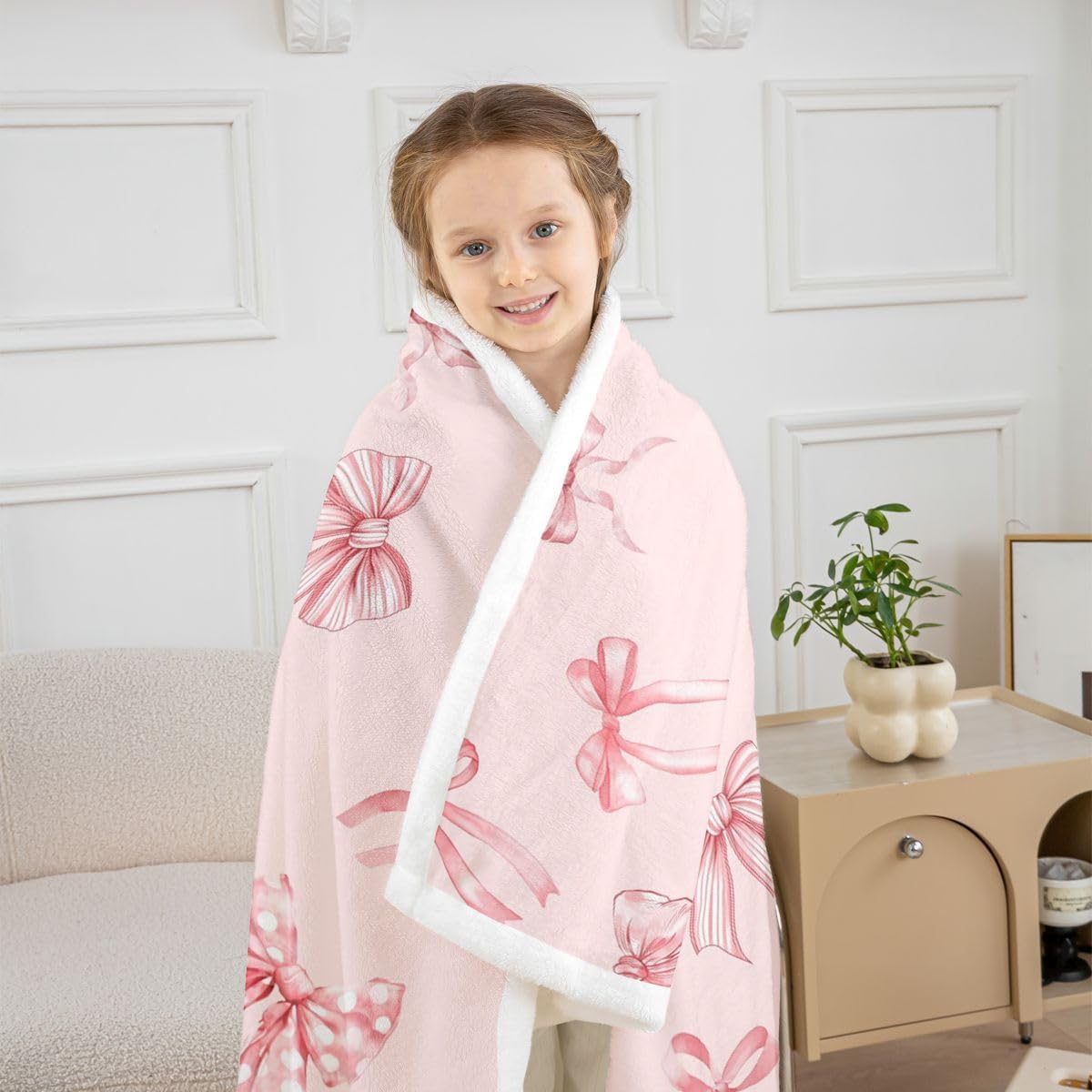 Feelyou Pink Bowknot Sherpa Throw Blanket for Couch Kawaii Bow Tie Super Soft Cozy Fleece Sweet Princess Blanket for Winter, Plush Throw Cute Bow Queen 90"x90" All Season