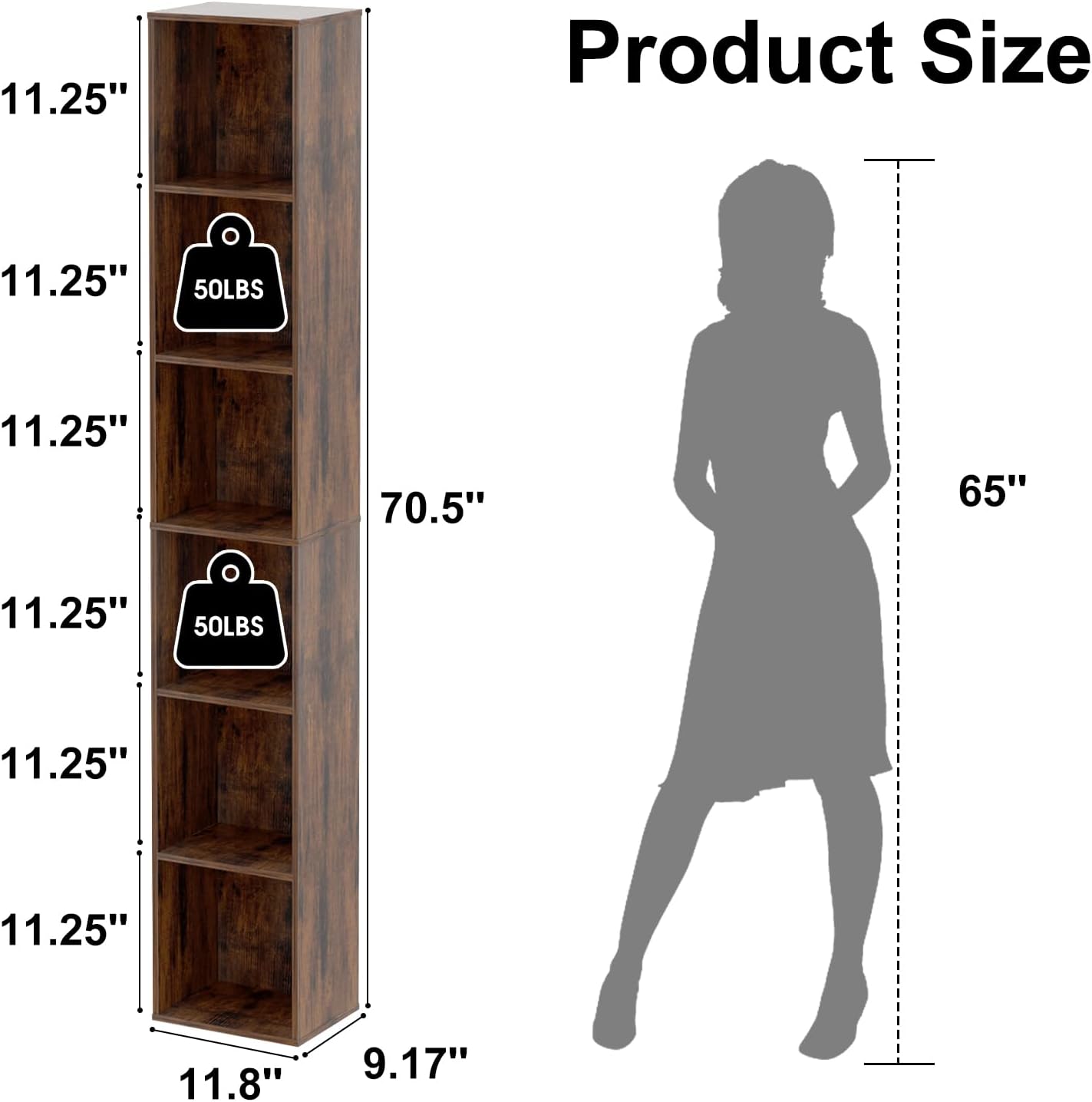 Tall Narrow Bookshelf 6-Tier Bookcase,70.5" Skinny Thin Corner Shelf Slim Storage Cabinet,Wood DVD CD Media Cube Organizer Tower Rack for Small Spaces, Bedroom, Living Room, Office,Brown