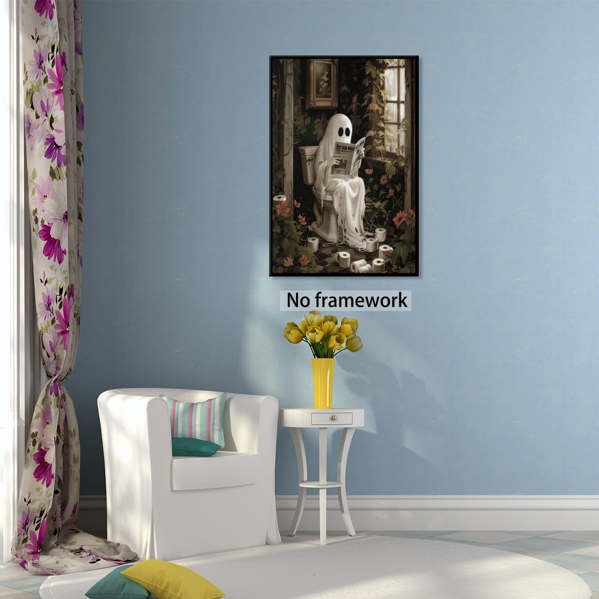 Medpol Spooky halloween bathroom wall art funny ghost reading newspaper cottagecore wall decor dark academia canvas posters for room bathroom Unframed8x12inch