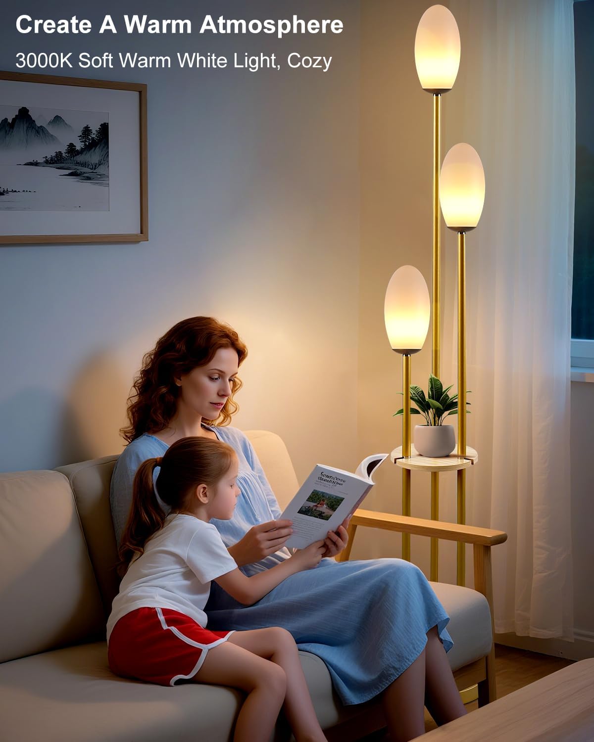 Gold Dimmable Floor Lamp with Table, Unique Candle Holder Style Tall Standing Lamps with 3000K G9 Bulbs for Reading, Mid Century Modern Floor Lamp for Living Room Bedroom Office