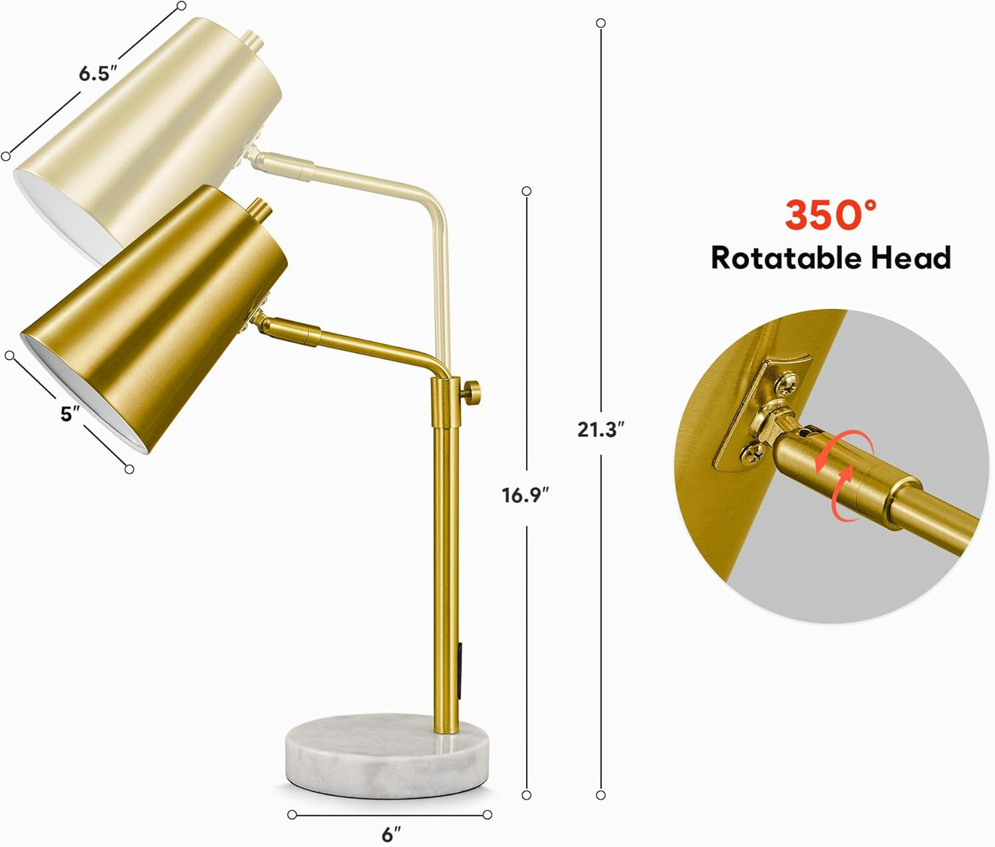 VONLUCE Gold Desk Lamp with LED Bulb Adjustable, Antique Brass Metal Table Lamp Marble Base, Mid Century Modern Reading Lamp Office, 20’’ Industrial Task Lamp Work Lamp for Reading Bedroom