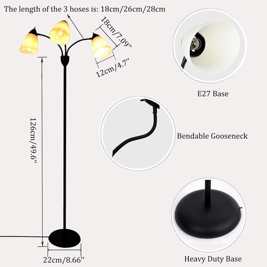 FIRVRE Modern Reading Floor Lamp, 3-Light Floor Lamp Black with Reading Lamp, Adjustable Flexible Tree Standing Lamp for Bedroom Study Room Office, Modern Multi Head Reading Floor Lights, E26 Base