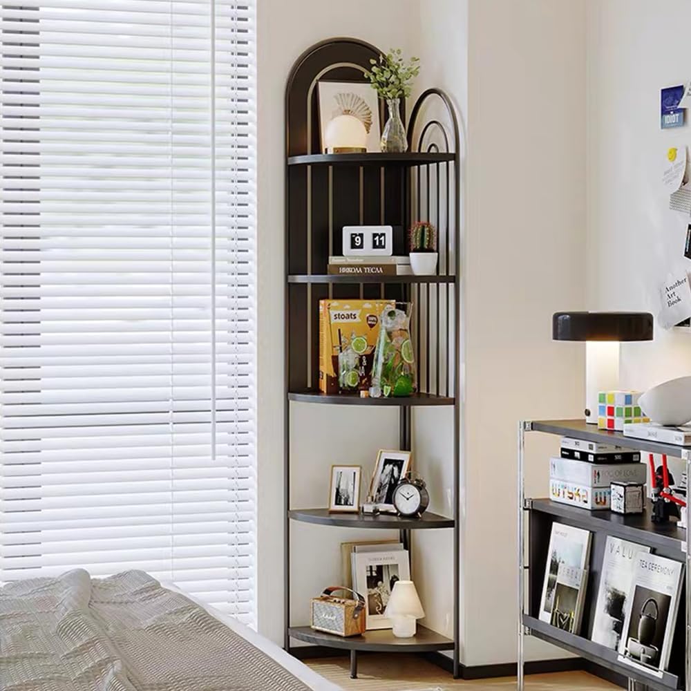 Black 5 Tier Metal Corner Shelf,Tall Industrial Corner Shelving Unit,Freestanding Corner Storage Rack for Small Spaces,Narrow Corner Bookshelf for Living Room,Bedroom,Bathroom