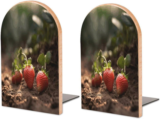 Strawberries in The Soil Bookend for Shelves Wooden Book End Large Size Sturdy Book Holders Stoppers with Metal Base for Bookshelves Slick Decorative Bookends Stands