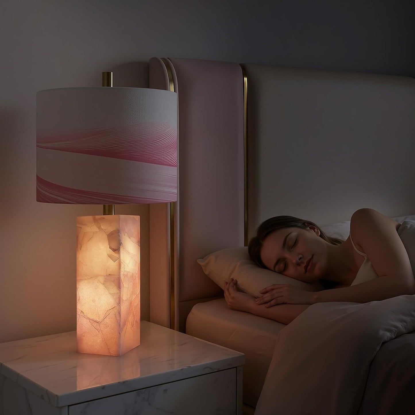 Scenekoy 23" Alabaster Table Lamp Set of 2 with Night Light for Bedroom Living Room, Rotary Switch, Pink Modern Table Lamp with Linen Shade, Nightstand Lamps for Room Bedside Office (Bulb Included)