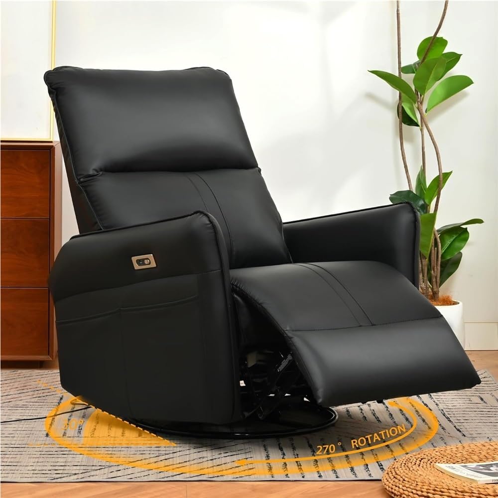 Power Swivel Rocker Recliner Chair with USB Ports, 270° Swivel Glider Recliner Chair for Small Spaces, Comfor Upholstered Electric Recliner Chair, Living Room Reclining Sofa