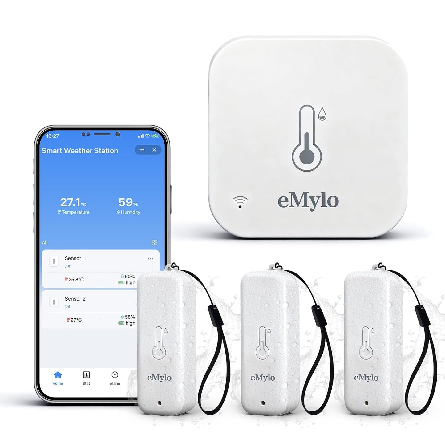 eMylo WiFi Thermometer Hygrometer 4 Pack, IP65 Indoor Smart Temperature Humidity Monitor with 3 Outdoor Wireless Sensors Kit, APP Notification Alert, Free Data Storage Export, 492ft Monitoring Range