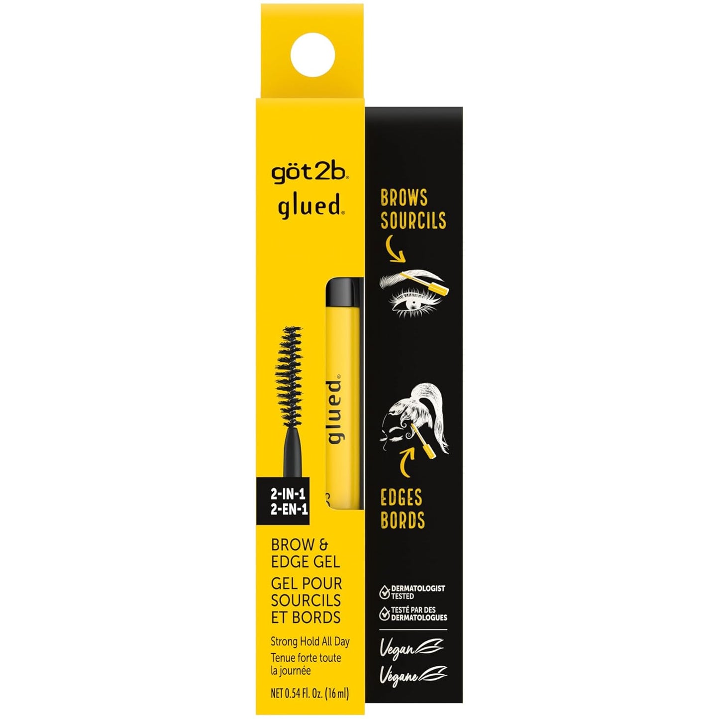 got2b Glued 2-in-1 Brow Gel & Edge Control, 0.54 Fl Oz, Strong Hold Styling Eyebrow Gel and Hair Mascara for Flyaways and Frizz with Castor Oil, Sweat-Resistant with Quick Dry, Clear Finish