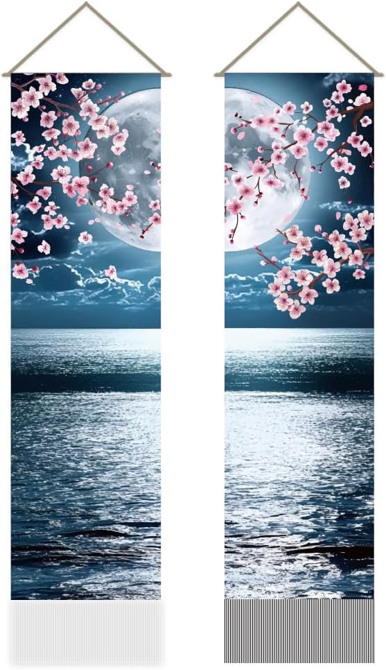AHANDMAKER 2Pcs Japanese Anime Scenery Tapestry, Ocean Moon Cherry Blossom Vertical Wall Hanging, Tassel Wall Aesthetic Tapestry for the Living Room, Wall Decor Entry(45.7x13 Inch)